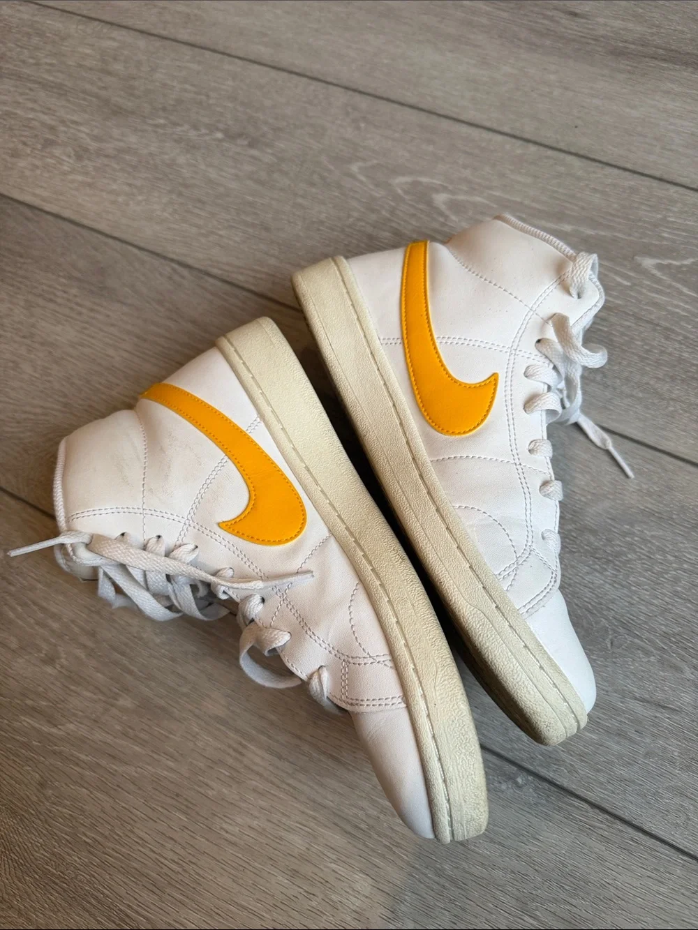 Nike court royale 2 dunk High-Top White Leather Sneaker with Yellow Swoosh 8.5